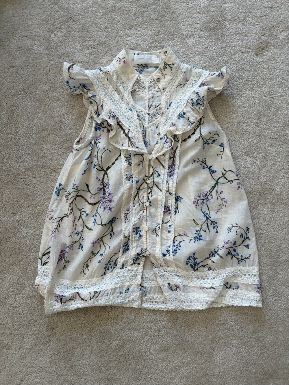 Zimmermann Cream Floral Lace-Trim Dress with Purple & Blue Sprigs